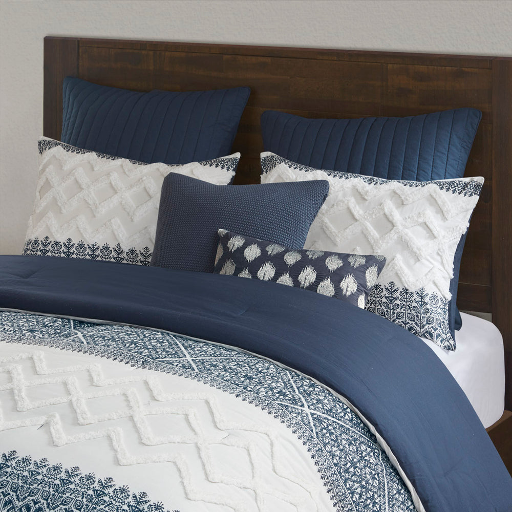 JLA Home INK+IVY - 3 Piece Cotton Comforter Set with Chenille Chevron Tufting and Botanical Print for Farmhouse Chic Bedrooms Navy II10-1062