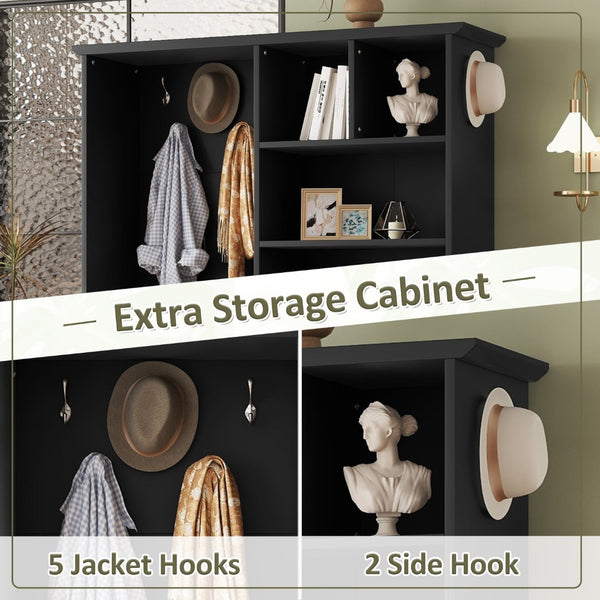 English Elm Multi-functional Entryway Hall Tree with Hooks Bench Drawer Cabinet in Matte Black W1307S00034