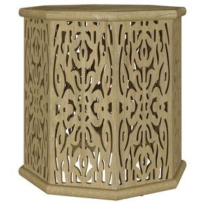 English Elm Watsonville Octagonal Mango Wood Side Table — Carved Boho Drum Accent, Natural Finish, 18"H B062P299977