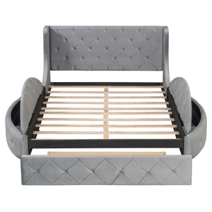 English Elm Upholstered Queen Platform Bed Velvet Wingback Frame with Storage Drawer and Side Stools Gray LP200815AAE