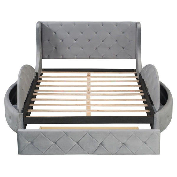 English Elm Upholstered Queen Platform Bed Velvet Wingback Frame with Storage Drawer and Side Stools Gray LP200815AAE