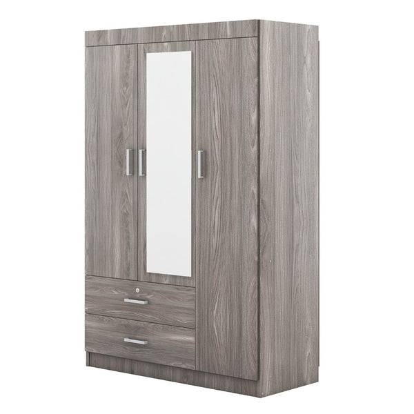 English Elm 3-door Wardrobe with Full Length Mirror Lockable Drawer and Bedroom Shelf Storage Gray LP006601AAE