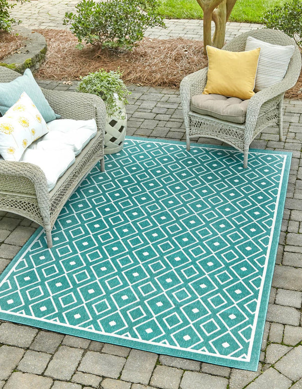 Unique Loom Outdoor Trellis Kafes Machine Made Geometric Rug Teal, Ivory 5' 3" x 8' 0"