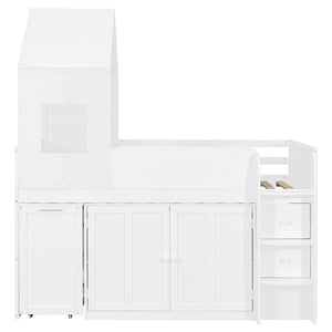 English Elm Twin House Loft Bed with Pull Out Rolling Desk Stair Drawers and Cabinet Storage White N820S00072K