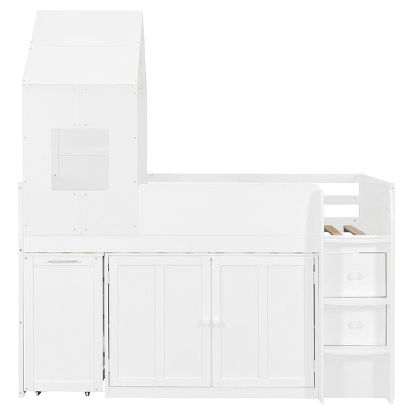 English Elm Twin House Loft Bed with Pull Out Rolling Desk Stair Drawers and Cabinet Storage White N820S00072K