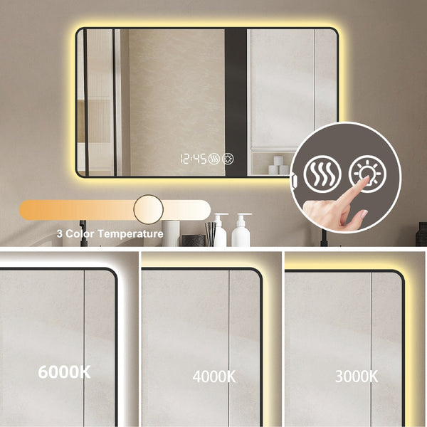 English Elm 48x32 Black Frame Wall Mirror with Time & Temp Display, 3-Color Dimmable LED, Defogger, Safety Glass W2709P242468
