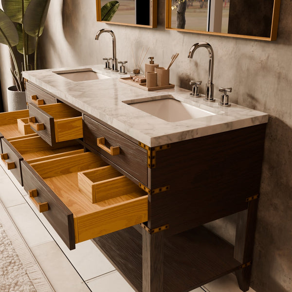 English Elm Brown Oak Double Bath Vanity With Carrara Marble Top & 2 Elegant Mirrors - Stylish Storage Solution B2731S01631