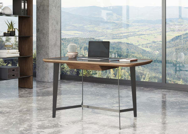 VIG Furniture Girard Mid-Century Walnut Desk With Black Glass Inset, Tapered Metal Legs & Soft-Closing Drawer VGBBMQ2002DK-2