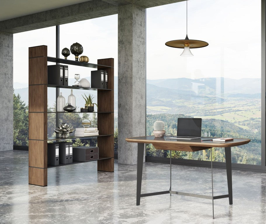 VIG Furniture Glencoe Walnut & Black Glass Bookshelf — 5-Shelf Open-Back Modern Display Unit, 79.5"H, Sleek Storage VGBBMQ2005SF-1