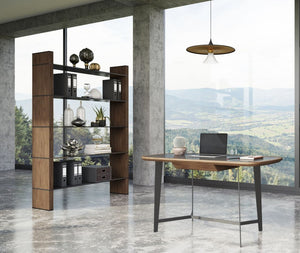 VIG Furniture Glencoe Walnut & Black Glass Bookshelf — 5-Shelf Open-Back Modern Display Unit, 79.5"H, Sleek Storage VGBBMQ2005SF-1