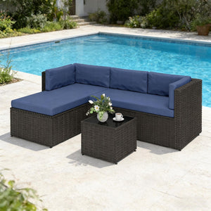 English Elm Comfortable Outdoor 3 Piece Pe Wicker Patio Set with Chaise Sofa and Glass Table Dark Brown,Navy Blue T3971S00210