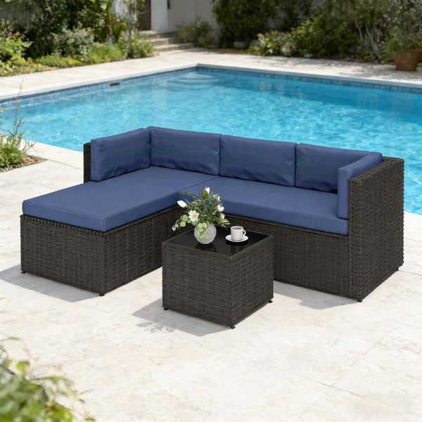 English Elm Comfortable Outdoor 3 Piece Pe Wicker Patio Set with Chaise Sofa and Glass Table Dark Brown,Navy Blue T3971S00210