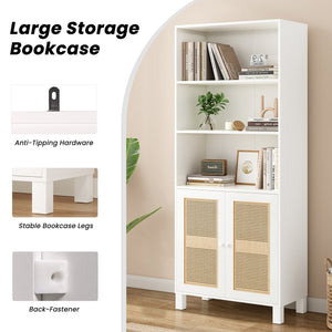 English Elm Tall Rattan Door Bookcase with 5 Shelves — Stylish Tall Storage Shelf for Living Room Office LibraryBedroom White T3623P379893