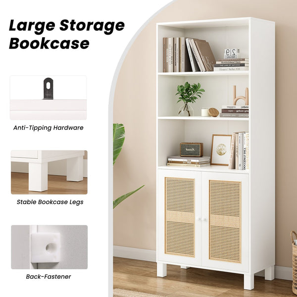 English Elm Tall Rattan Door Bookcase with 5 Shelves — Stylish Tall Storage Shelf for Living Room Office LibraryBedroom White T3623P379893