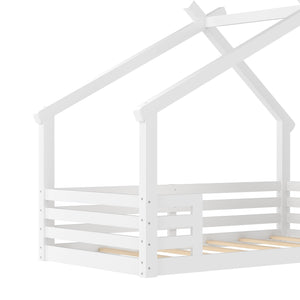 English Elm Twin House Floor Bed with Window & Shelf, Solid Wood Pitched Roof Design for Safe Cozy Sleep White W1580P362678