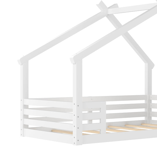 English Elm Twin House Floor Bed with Window & Shelf, Solid Wood Pitched Roof Design for Safe Cozy Sleep White W1580P362678