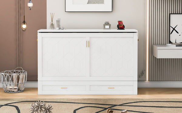 English Elm Queen Murphy Wall Bed Cabinet with Storage Drawer Built-in Power Outlets Usb Ports White LP000400AAK