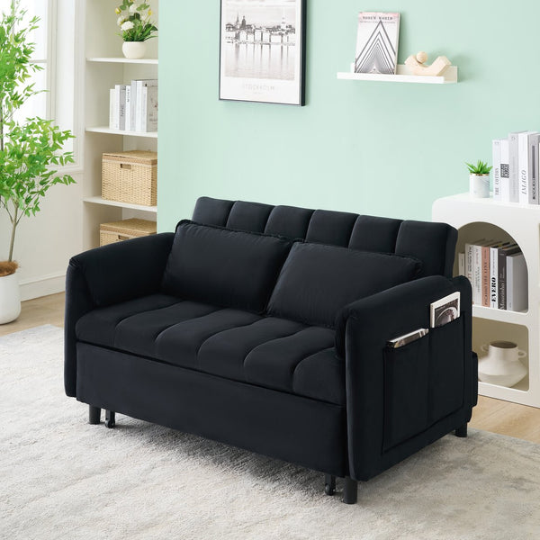 English Elm 52 Black Modern Velvet Sofa Bed 3-in-1 Convertible Loveseat with Pillows, Pockets, Metal Legs, 500lb Capacity W1658P266335