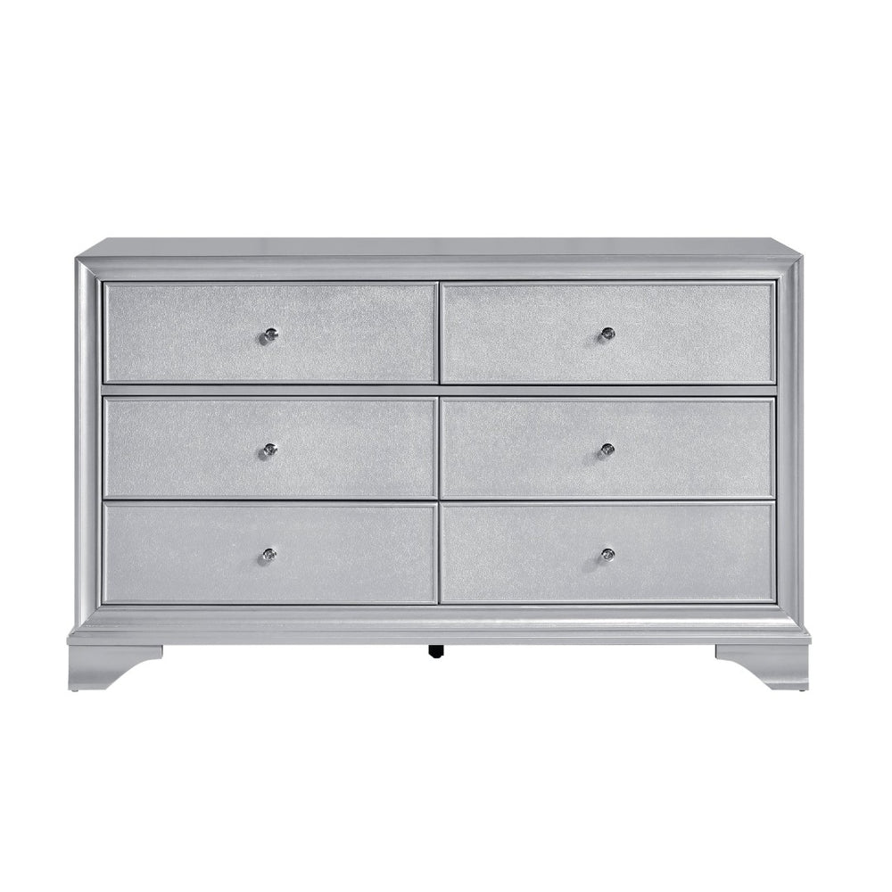 English Elm Silver Lacquer 6 Drawer Dresser Embossed Fronts Glam Acrylic Knobs for Master Bedroom B011P474229