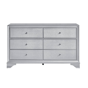 English Elm Silver Glam Six Drawer Dresser with Mirror Embossed Fronts for Contemporary Bedroom B011S02473
