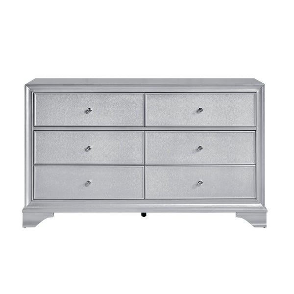 English Elm Silver Glam Six Drawer Dresser with Mirror Embossed Fronts for Contemporary Bedroom B011S02473