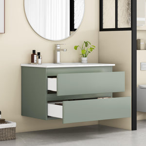 English Elm 32-Inch Wall-Mounted Bathroom Vanity With Integrated Ceramic Sink, Soft-Close Drawers & Modern Green Finish W3151S00044