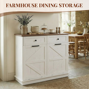 English Elm Double Tilt Out Trash Bin Cabinet with Drawers Odor Blocking Kitchen Laundry Storage Brown+Distressed White T5831P489225