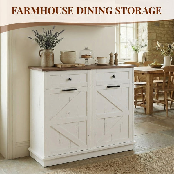 English Elm Double Tilt Out Trash Bin Cabinet with Drawers Odor Blocking Kitchen Laundry Storage Brown+Distressed White T5831P489225