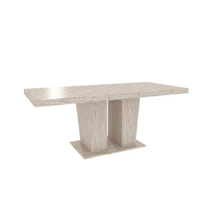 English Elm Rectangular extendable dining table with veined travertine top, beige MDF, sturdy wide feet, 6-10 seats W1347S00018