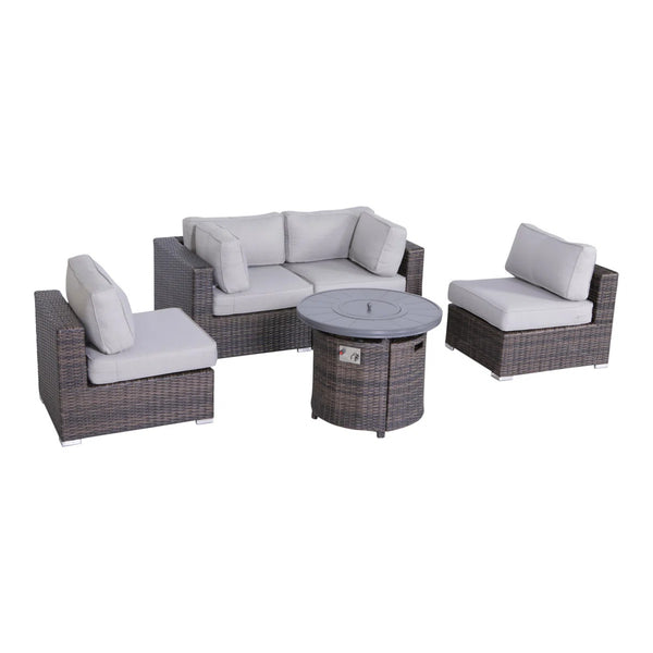 English Elm All-Weather 5-Piece Rattan Sectional Lounge Set With Fire Pit & Plush Cushions For Outdoor Comfort B120S00084