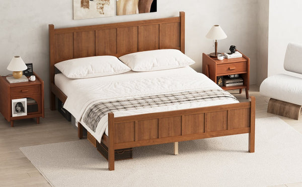 English Elm Queen Platform Bed Shaker Farmhouse Style with Vertical Slat Headboard and Wood Grain Finish Walnut N733P422480D