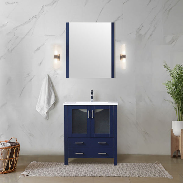 English Elm Navy Blue Bath Vanity Set With White Ceramic Top, Soft-Close Drawers & Stylish 28 In. Mirror Included B2731S00724