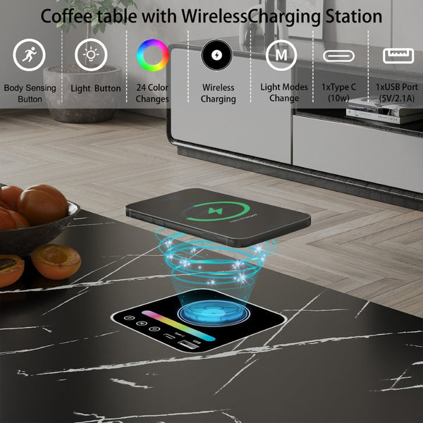 English Elm Coffee Table with Led Lighting Bluetooth Speaker Wireless Charging and Faux Marble Top Black T3773P415725