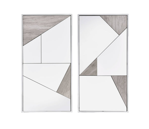 English Elm Chafik Geometric Wall Mirror Set Sculptural Chrome Frame with Oak Inlay Accent B2726P457133