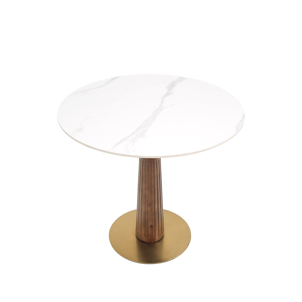 English Elm Modern Round Dining Table - 33.5" Sintered Stone Top With Wooden Legs & Gold Base, 2-Person Design W1535S00575