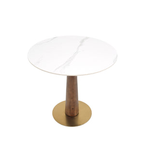 English Elm Modern Round Dining Table - 33.5" Sintered Stone Top With Wooden Legs & Gold Base, 2-Person Design W1535S00575