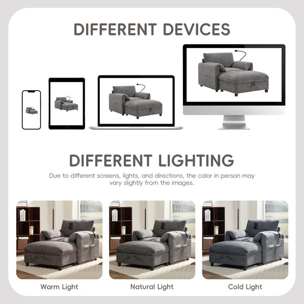 English Elm 37" Oversized Chenille Armchair with Ottoman Usb Charging Pocket Spring Living Room Gray N723P387145E