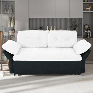 English Elm Convertible Pull Out Sofa Bed Queen Size with Steel Frame, Dual Armrests, Chenille Sleeper Couch with Storage and Casters White+Black W3163P269663