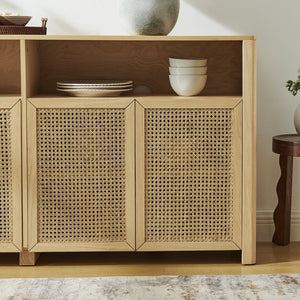 English Elm 63" Mid Century Modern Rattan Sideboard Buffet Cabinet with Adjustable Shelves, Durable Craftsmanship and Outlet Access for Living Room Storage and TV Console Natural W1801P371656