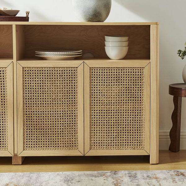 English Elm 63" Mid Century Modern Rattan Sideboard Buffet Cabinet with Adjustable Shelves, Durable Craftsmanship and Outlet Access for Living Room Storage and TV Console Natural W1801P371656