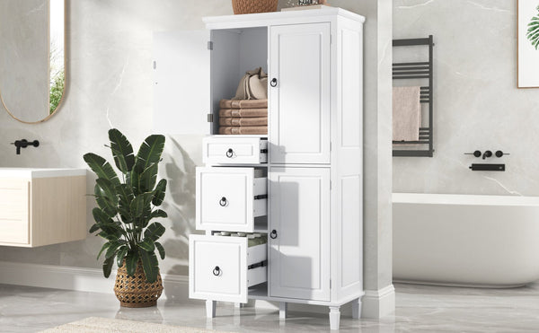 English Elm Retro Multi-Functional Storage Cabinet with Adjustable Shelves, 3 Drawers & Doors, Stylish White Organizer for Living Room Bathroom Kitchen Office - Elegant, Space-Saving Design N725P236498K