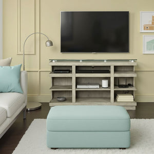 English Elm Celino 65 Inch Media Console with Tempered Glass Top and Open Shelving in Sandstone B108P468534