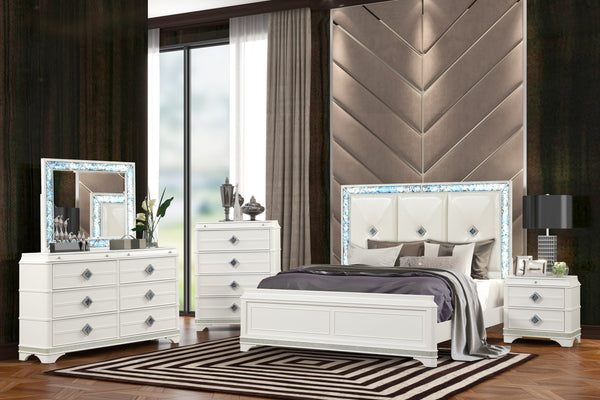English Elm Laguna Modern 5-Piece King Upholstered Bedroom Set With Led Lighting & Crystal Accents In White B009S02093