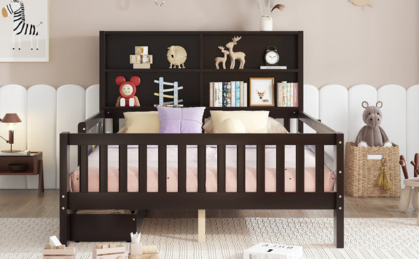 English Elm Full Solid Wood Platform Bed with Chalkboard Headboard, Storage Drawers & Shelves, Kid-Friendly White Espresso W1580P362709