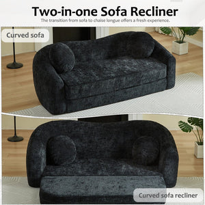 English Elm 86-inch Curved Chenille Convertible Sofa Recliner Frameless Folding Two-seater for Living Room Black W3505P452820