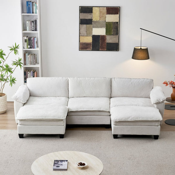English Elm Living Room U-shaped Chenille Sectional Sofa with Two Ottomans Pocket Coil Comfort Beige W1097S00236