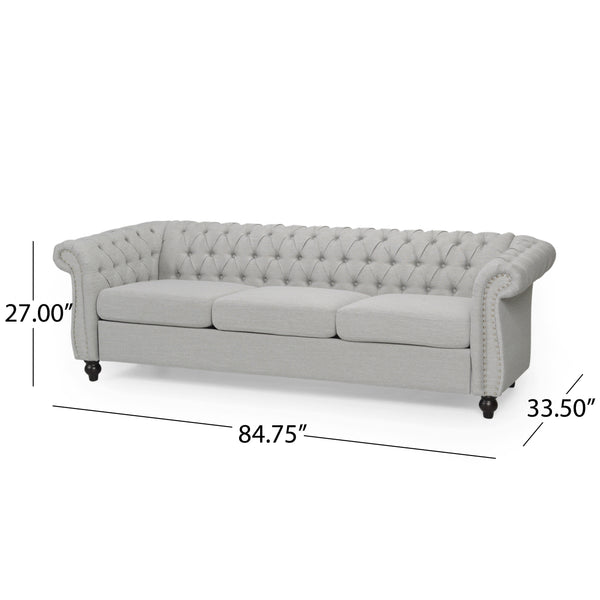 English Elm Christopher Knight Home® - 3 Seater Chesterfield Sofa with Button Tufted Diamond Stitch, Nailhead Accents & Scrolled Arms - Low Profile Grey N771P262584D