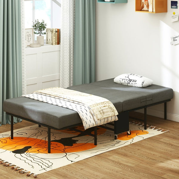 English Elm Twin Folding Guest Bed with Memory Foam Mattress Steel Frame and Lockable Casters T3963P481979