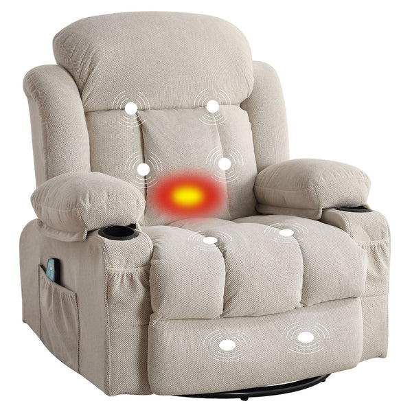 English Elm Swinging lounge chair 360° rotating heated massage sofa with USB, 8-point heat, cup holders, beige W1521S00061