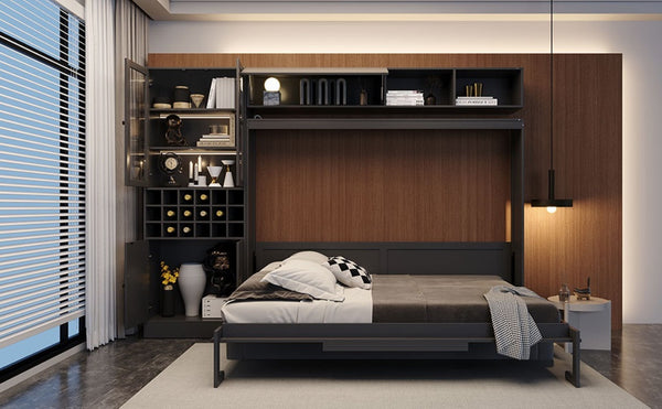 English Elm Queen Murphy Wall Bed Sofa with Open Shelving Usb Charging and Integrated Studio Lighting Gray LP100764AAE